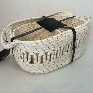 New Rachel Zoe Set Of 3 Cotton Rope Woven Baskets w/Delicate Threaded Gold Foil